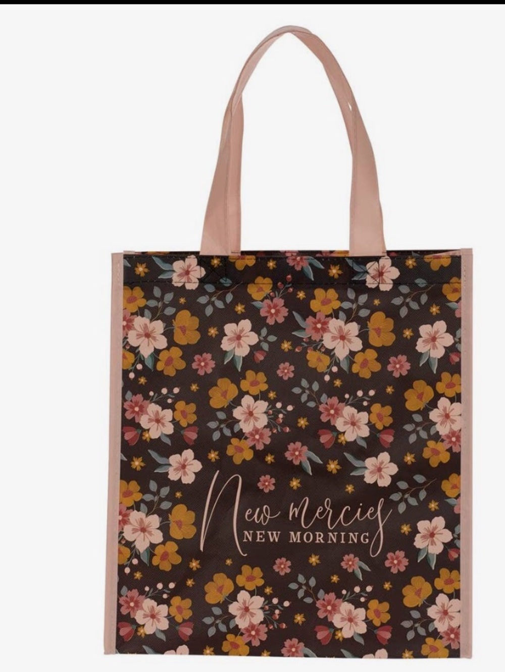 1269.  New Mercies & New Mornings Floral Tote Bag in Brown and Pink